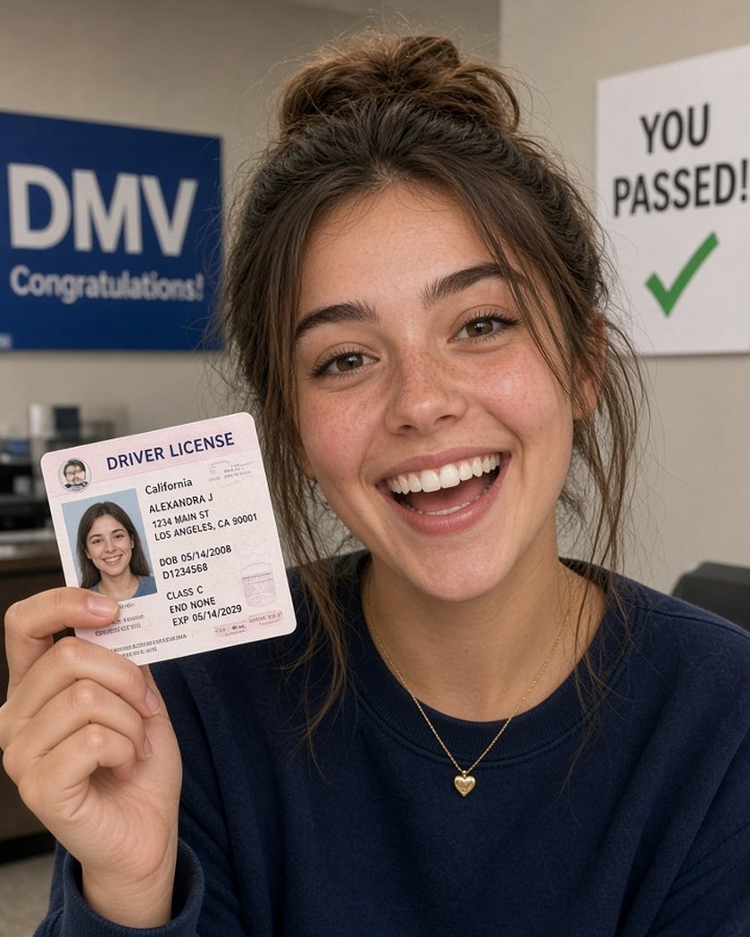Una joven conductora mostrando su nueva licencia de conducir de California tras aprobar el examen escrito del DMV