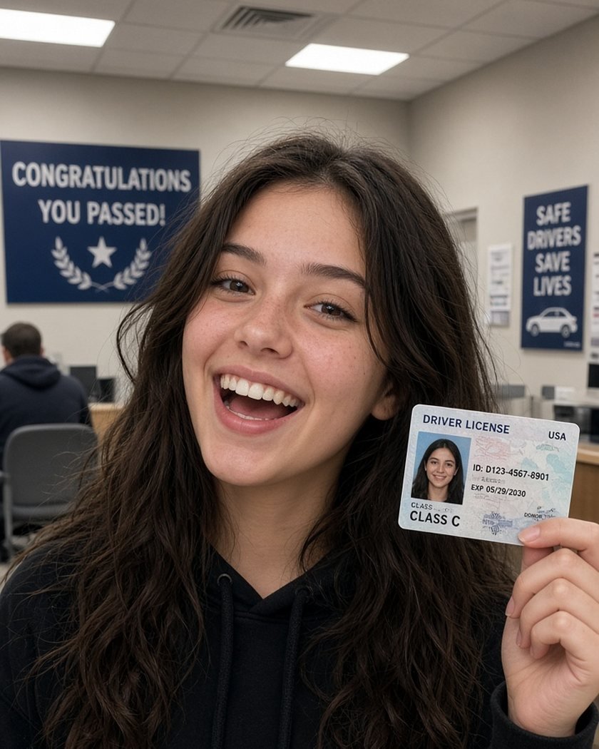 Una conductora nueva sonriendo mientras muestra su licencia de conducir en el DMV, bajo un cartel que dice «¡Felicidades, aprobaste!»